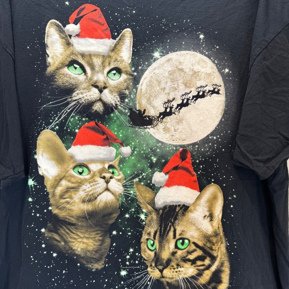 Cats Santa Moon Christmas Holiday Shirt XXL Party‎ Black Tee Funny Elves Festive